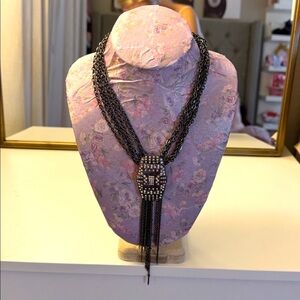Vintage Gunmetal Multi-Chain Necklace with Crystal Geometric Pendant
